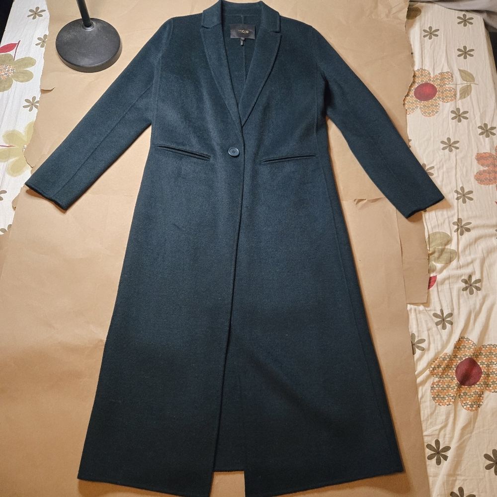 Maje Galaxie Women's Wool Blend Long Coat Dark Green - Size 36